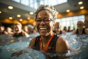 Smiling participants engaging in a water aerobics class, highlighting the fun and effective nature of low-impact pool workouts. Generative Ai photo