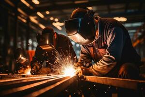 Sparks flying as welders work on metal fabrication in a heavy industrial setting. Generative AI photo