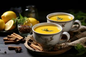 Steaming cups of turmeric tea surrounded by fresh curcuma roots, presenting the soothing qualities of the beverage. Generative AI photo