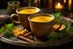 Steaming cups of turmeric tea surrounded by fresh curcuma roots, presenting the soothing qualities of the beverage. Generative AI photo
