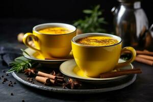 Steaming cups of turmeric tea surrounded by fresh curcuma roots, presenting the soothing qualities of the beverage. Generative AI photo