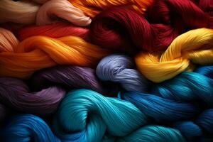 Vibrant bundles of yarn in various textures and hues, symbolizing the diversity of textiles in the industry. Generative Ai photo