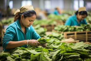 Workers handling raw tobacco leaves during the initial stages of cigarette production. Generative AI photo