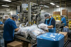 trabajadores manejo y Procesando crudo materiales en un limpiar y organizado fabricación instalación. generativo ai foto