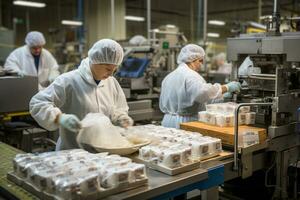 Workers handling and processing raw materials in a clean and organized manufacturing facility. Generative Ai photo