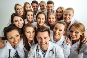 Advertising shot of a group of doctor and nurses on white background . Generative Ai. photo
