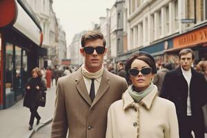 A stylish couple in trendy 1960s fashion walking down a bustling London street, showcasing the iconic mod style of the era. Generative Ai photo