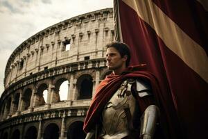 A Legionnaire holding a Roman flag high in the Colosseum, representing the might of the Roman Empire. Generative Ai photo