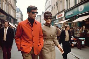un elegante Pareja en de moda 1960 Moda caminando abajo un bullicioso Londres calle, exhibiendo el icónico modificación estilo de el era. generativo ai foto