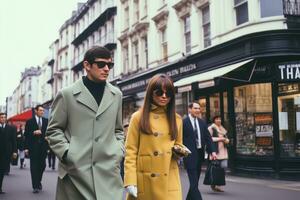 A stylish couple in trendy 1960s fashion walking down a bustling London street, showcasing the iconic mod style of the era. Generative Ai photo