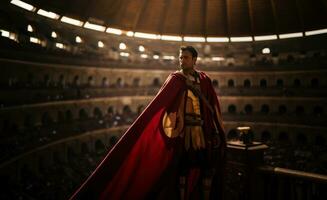 un legionario participación un romano bandera alto en el coliseo, representando el podría de el romano imperio. generativo ai foto