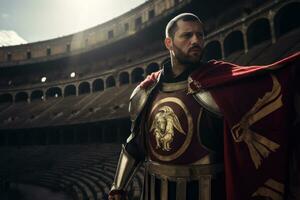 A Legionnaire holding a Roman flag high in the Colosseum, representing the might of the Roman Empire. Generative Ai photo