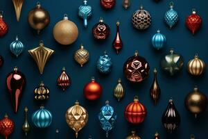 A collection of beautifully designed Christmas ornaments in various shapes, colors, and textures, creating an elegant and eye-catching visual for web banners. Generative Ai photo