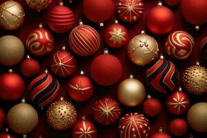 A elegant red and gold Christmas ornaments arranged in a visually pleasing pattern, adding a touch of sophistication and warmth to web banners background. Generative AI photo