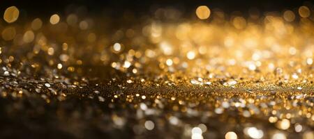 A close-up shot of glamorous gold and silver glitter glistening under radiant lights, creating a luxurious atmosphere for an opulent web banner. Generative Ai photo