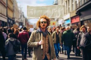 A shopper holding a banner expressing frustration about high prices, representing a call for change. Copy space on empty banner. Generative Ai photo