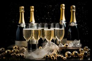 Popping champagne bottles, golden bubbles, and cascading champagne glasses, the spirit of celebration and luxury for a captivating Christmas event. Generative Ai photo