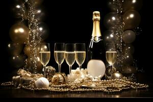 Popping champagne bottles, golden bubbles, and cascading champagne glasses, the spirit of celebration and luxury for a captivating Christmas event. Generative Ai photo