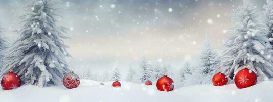 Festive Christmas snowy background, with red balls and snowfall outdoors. Space for custom text ideas, banner and greeting card. Generative Ai photo