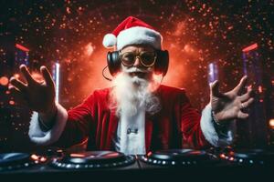 Crazy Santa Claus dj with headset, dance at Christmas party with disco background. Generative Ai photo