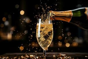 Close up of a popping champagne with golden bubbles bottle pour in champagne glass. Generative Ai photo