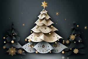 Paper art style luxurious Christmas tree layered background adorned with gold and silver ornaments. Generative Ai photo