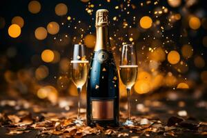 Festive Champagne bottle with glitter, confetti and party streamers on festive background. Happy New Year banner, template, greeting card with copy space. Generative Ai photo