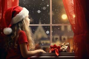 Young girl looking out of window on Christmas night. Generative Ai photo