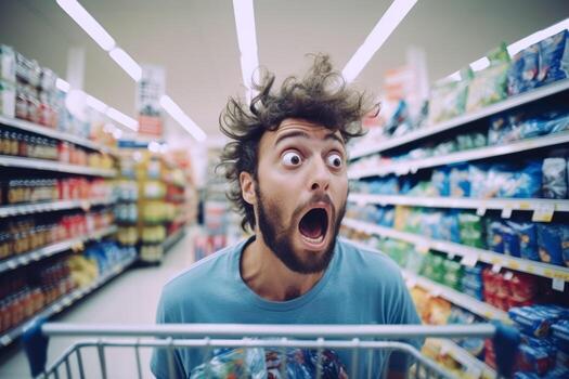 A shopper with a shocked expression while looking at price tags, conveying the surprise of high prices. photo
