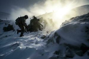 Soldiers conducting a rescue mission in challenging winter conditions, highlighting bravery and commitment. Generative AI photo