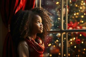 Young Afro American girl looking out of window on Christmas night. Generative Ai photo