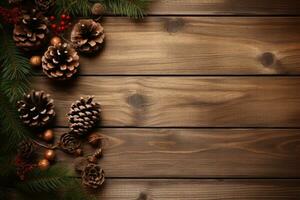 A wooden background adorned with rustic-themed Christmas ornaments like pinecones and burlap decorations. Ideal for a cozy, rustic banner. Generative Ai photo