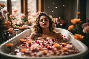 A beautiful woman relaxing in a bathtub filled with flower petals, emphasizing self-care and pampering. Generative Ai photo
