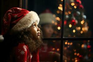 Young Afro American girl looking out of window on Christmas night. Generative Ai photo