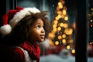 Young Afro American girl looking out of window on Christmas night. Generative Ai photo