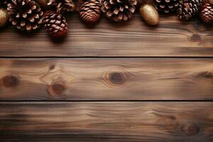 A wooden background adorned with rustic-themed Christmas ornaments like pinecones and burlap decorations. Ideal for a cozy, rustic banner. Generative Ai photo