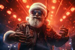 un elegante Papa Noel claus bailando con el multitud en un discoteca con reflejado paredes y un festivo fondo. generativo ai foto