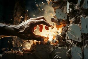Hand breaking through a brick wall. Beyond all limits. Generative AI photo