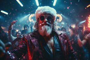 A stylish Santa Claus dancing with the crowd in a discotheque with mirrored walls and a festive backdrop. Generative Ai photo