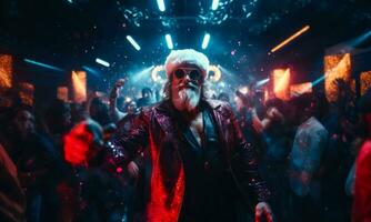 A stylish Santa Claus dancing with the crowd in a discotheque with mirrored walls and a festive backdrop. Generative Ai photo