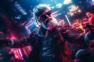 A stylish Santa Claus dancing with the crowd in a discotheque with mirrored walls and a festive backdrop. Generative Ai photo