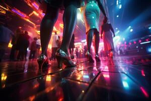 Nostalgic discotheque fashionistas strutting their stuff on a glittering dance floor. Generative Ai photo