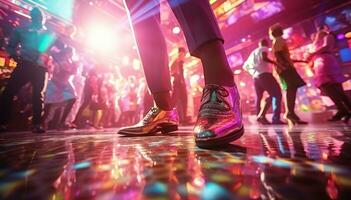 Nostalgic discotheque fashionistas strutting their stuff on a glittering dance floor. Generative Ai photo