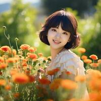 hermosa asiático niña en flor jardín ai generativo foto