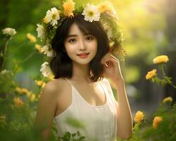 Beautiful asian girl in flower garden AI Generative photo