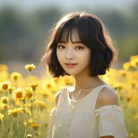 Beautiful asian girl in flower garden AI Generative photo