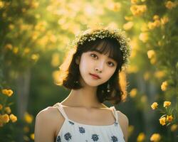 Beautiful asian girl in flower garden AI Generative photo