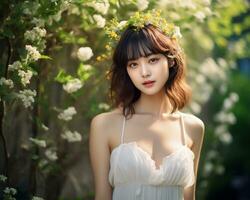 Beautiful asian girl in flower garden AI Generative photo