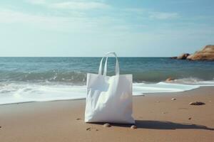 A white bag with handles stands on the beach on the sand. AI generated photo