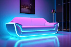 White sofa indoors with white neon lighting. AI-Generated photo